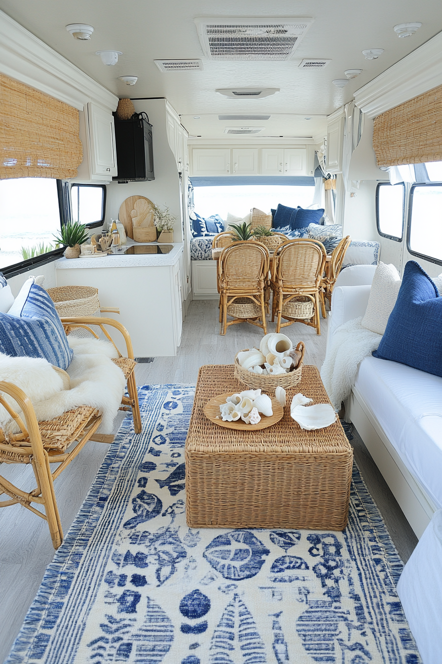 Coastal-inspired RV. Wide-angle view, rattan furnishing, arranged seashells, ocean-blue accents.