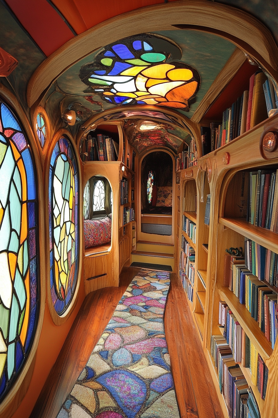 Wide-angle view of storybook-inspired mobile library. Stained glass windows and hidden nooks.