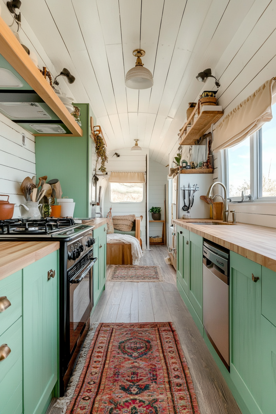 Wide angle view. Retro-inspired tiny house kitchen. Mint green sleek cabinets and vintage oven.