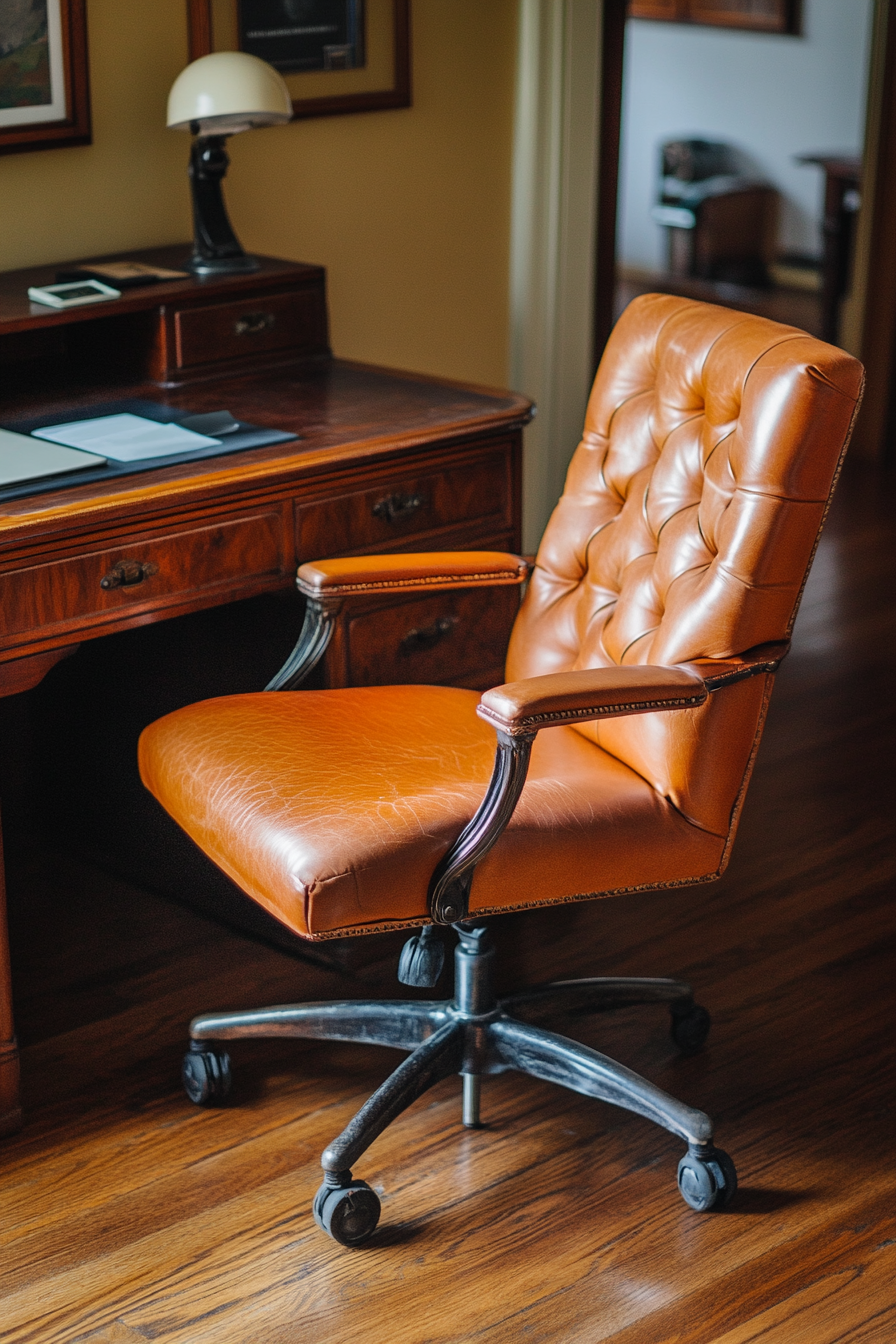 Wide angle view. Upscale mobile workspace. Vintage leather chair against a walnut desk.