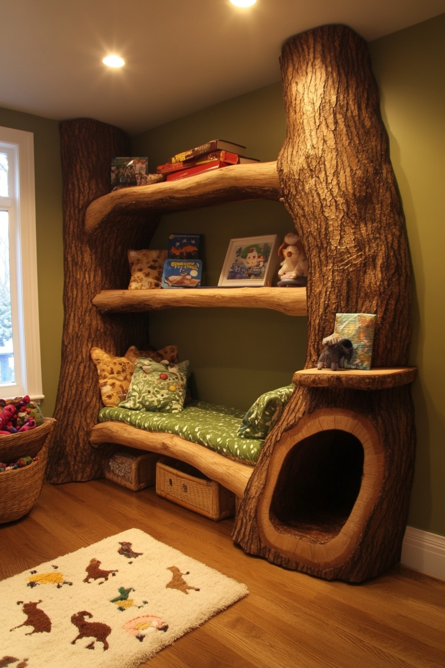 Nature-inspired baby room. Hollow log low shelves and forest exploration corner.