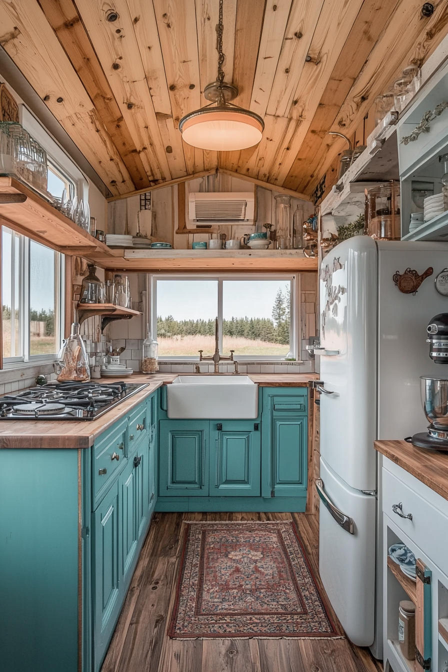 Wide-angle view. Retro tiny house kitchen. Ice-Blue cabinets. Antique fridge.