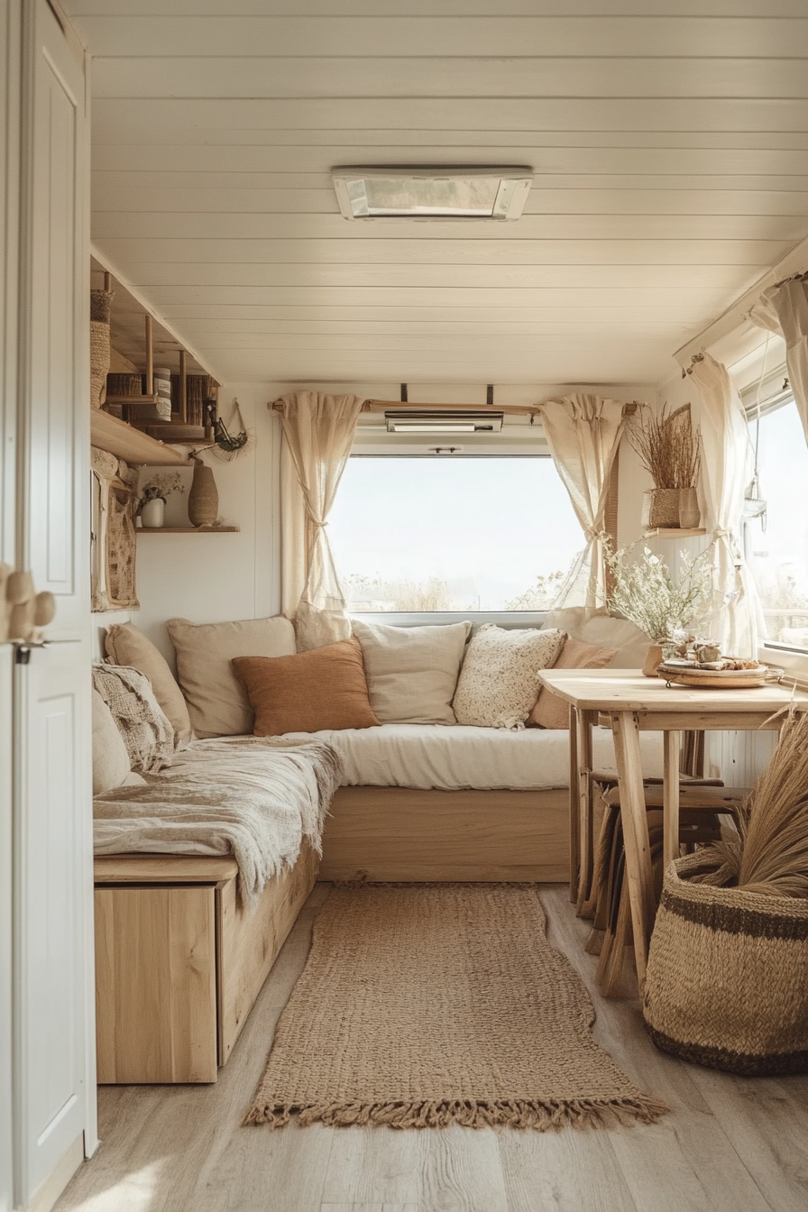 Natural mobile home view. Wide angle, light woods, soft earth-tones textiles.