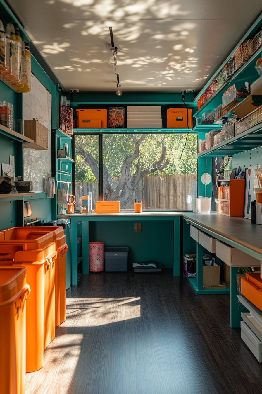 Wide angle view. Mobile studio with teal modular shelving and orange lockable containers.