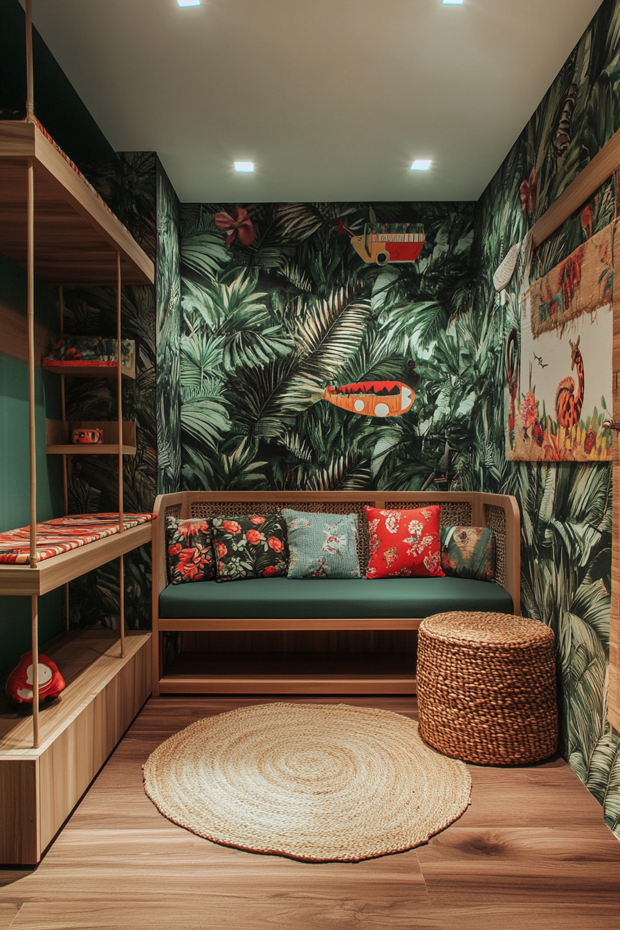 Nature-inspired baby room. Jungle-themed wallpaper, low wooden shelves, green color scheme, designated exploration areas.