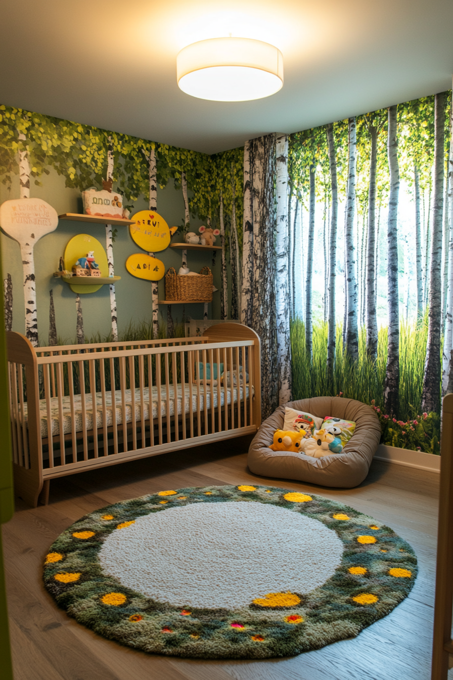 Nature-inspired baby room. Low shelves, wide-angle view, exploration zones, tree mural wall.