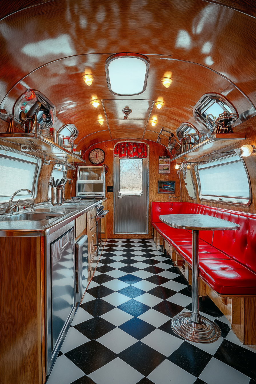 Americana tiny house kitchen. wide angle view, chrome fixtures, checkerboard floor, red booth seating.