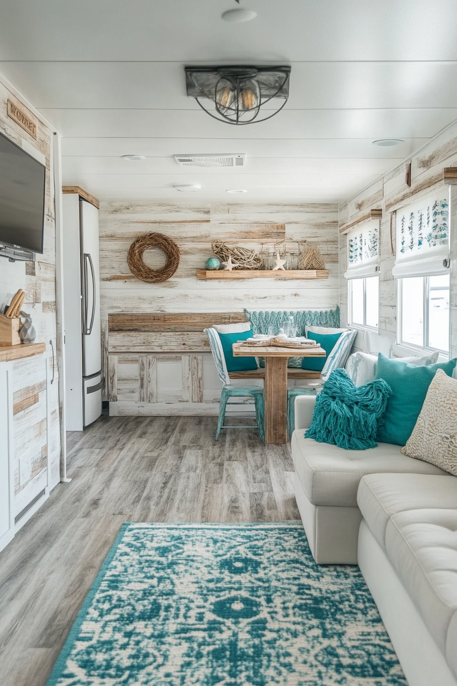 Wide angle RV view. Whitewashed wood paneling with sea collection and teal accents.