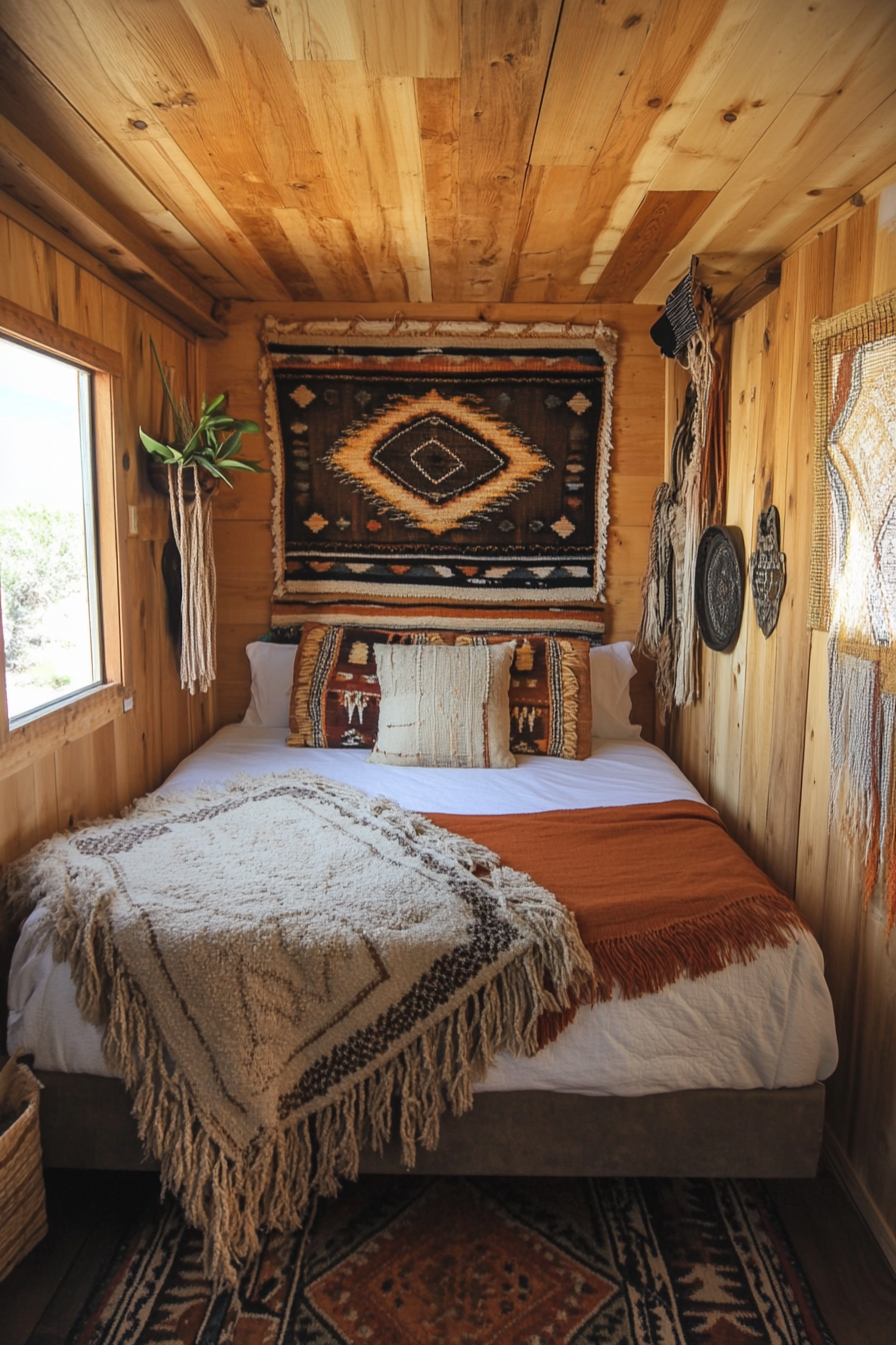 Wide angle bedroom view. Southwestern tiny house, earth tones, woven wall art.