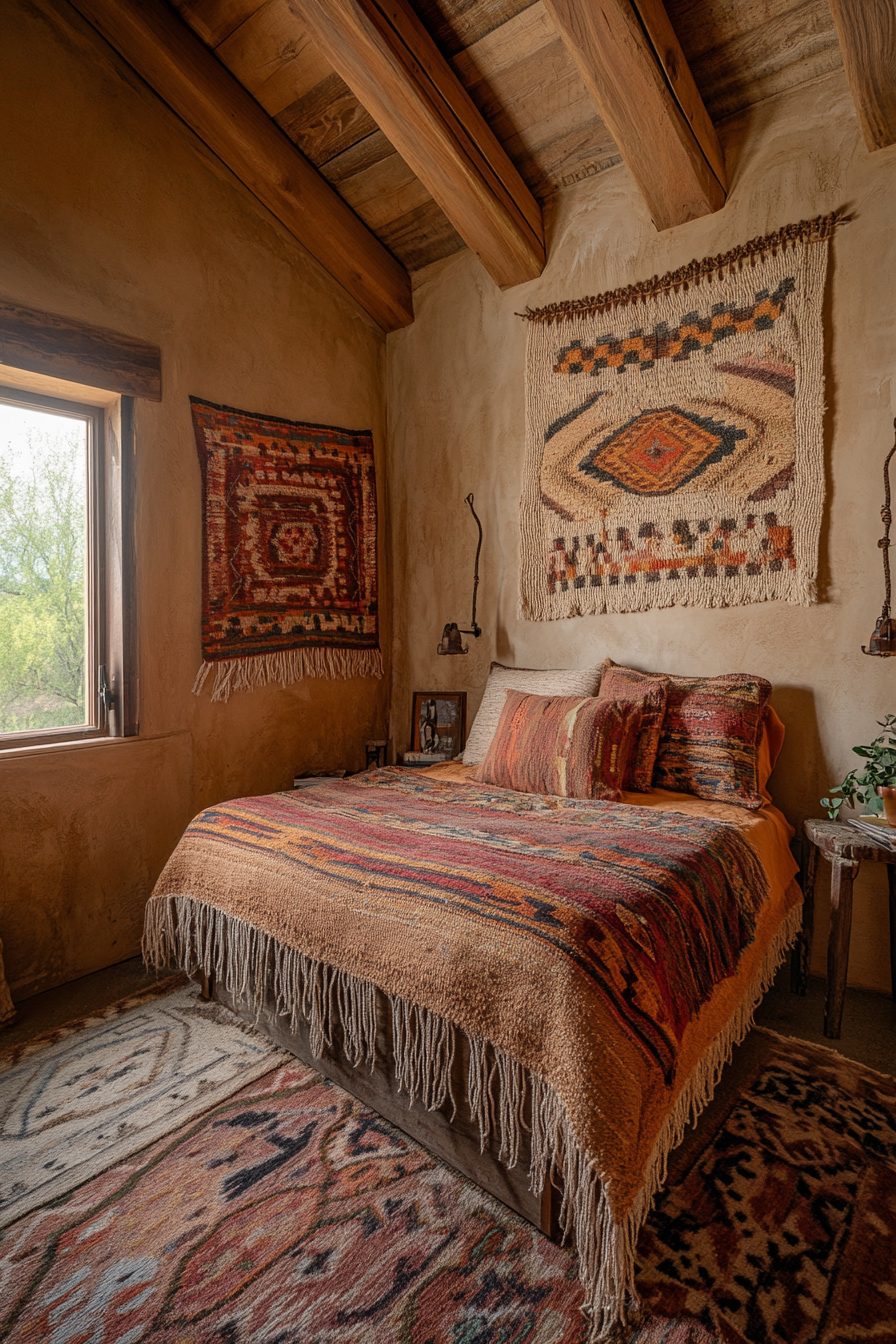 Southwestern tiny house bedroom. Wide angle view, warm earth hues, woven wall art.