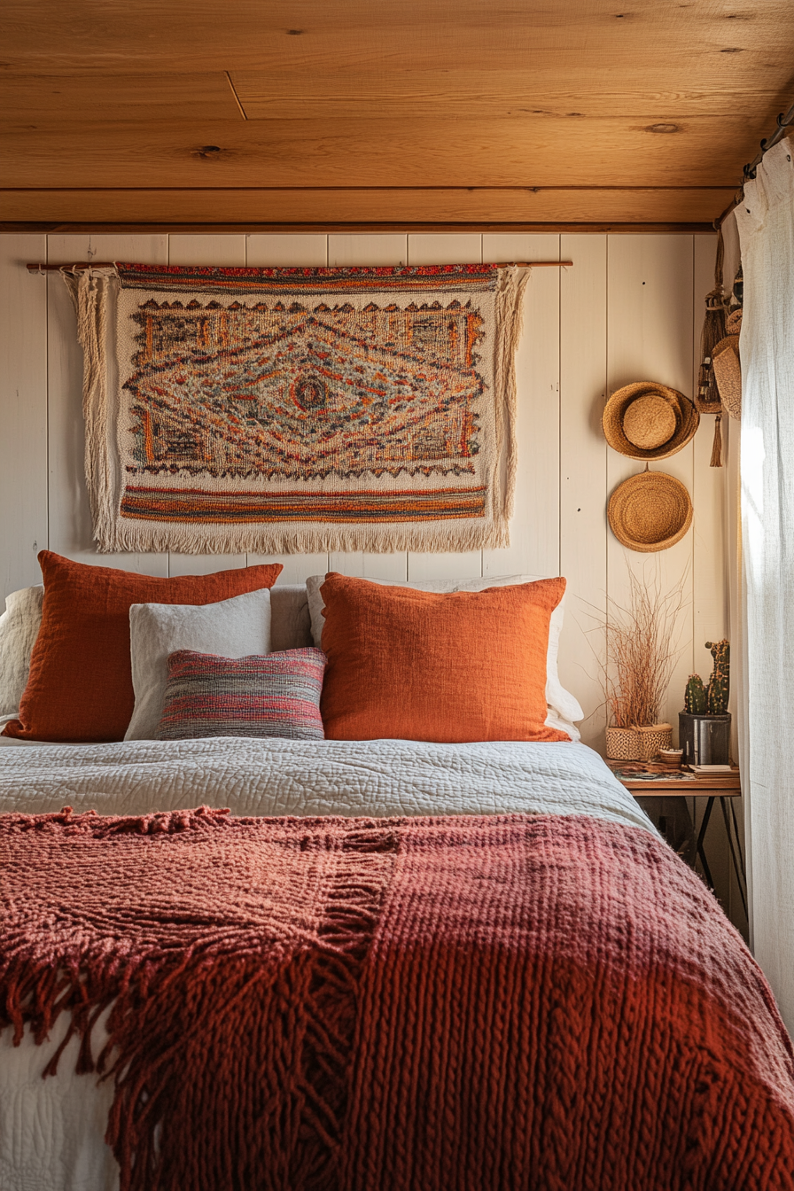 Southwestern tiny house bedroom. Terracotta bedding with woven wall art.