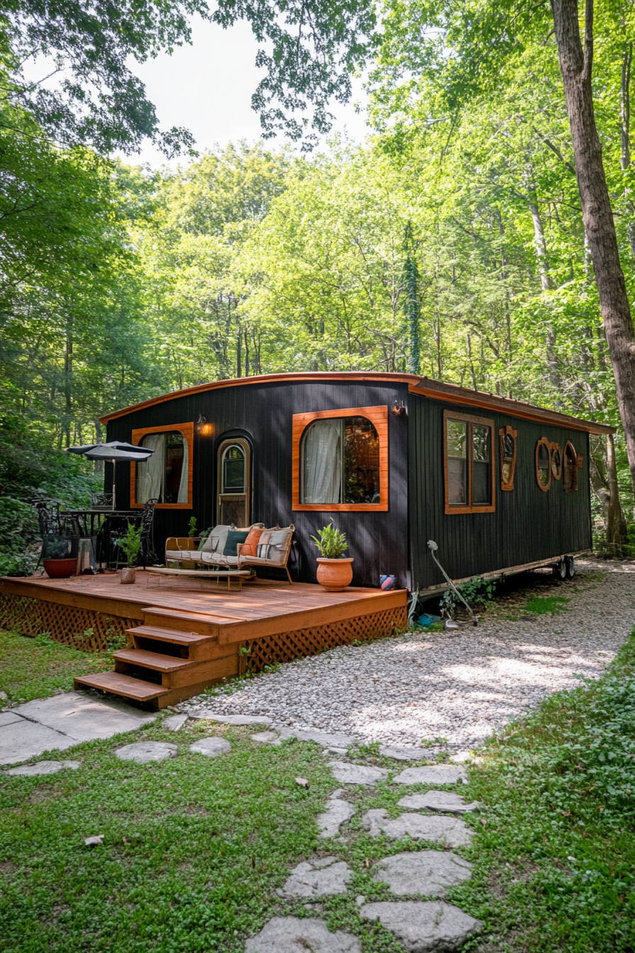 Wide angle view. Dark mobile home. Arched features. Terra cotta accents.