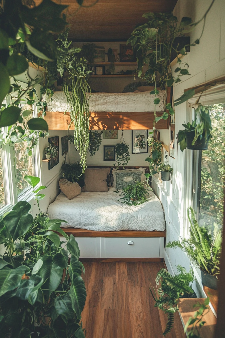 Plant-filled tiny house. Secluded loft bed surrounded by hanging ferns.