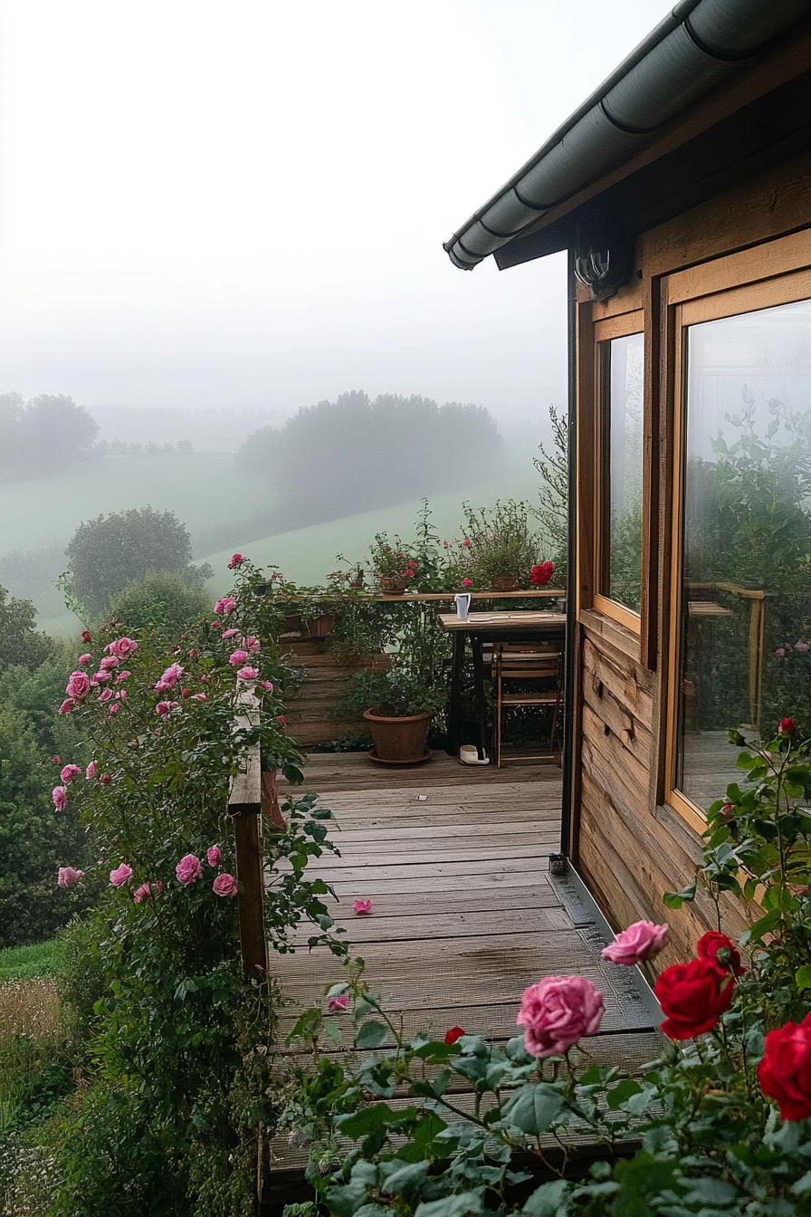 English countryside morning fog. Wide-angled tiny house deck view with blooming climbing roses.