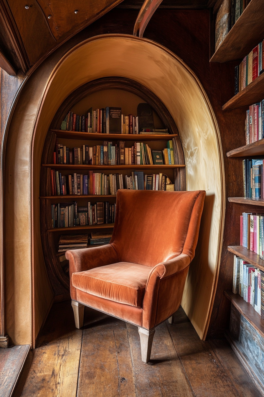 Wide angle view of storybook-inspired mobile library. Velvet armchair tucked in an arched alcove.