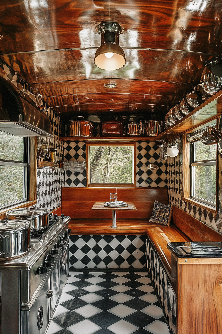 Americana tiny house kitchen. Chrome finished pots, checkered tiles, wooden booth seating.