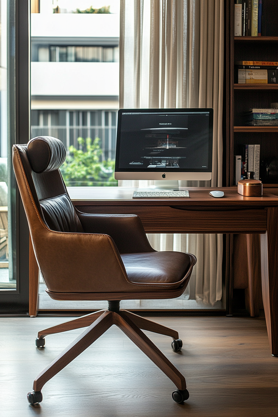 Wide angle view. Upscale mobile workspace with leather armchair and walnut desk.