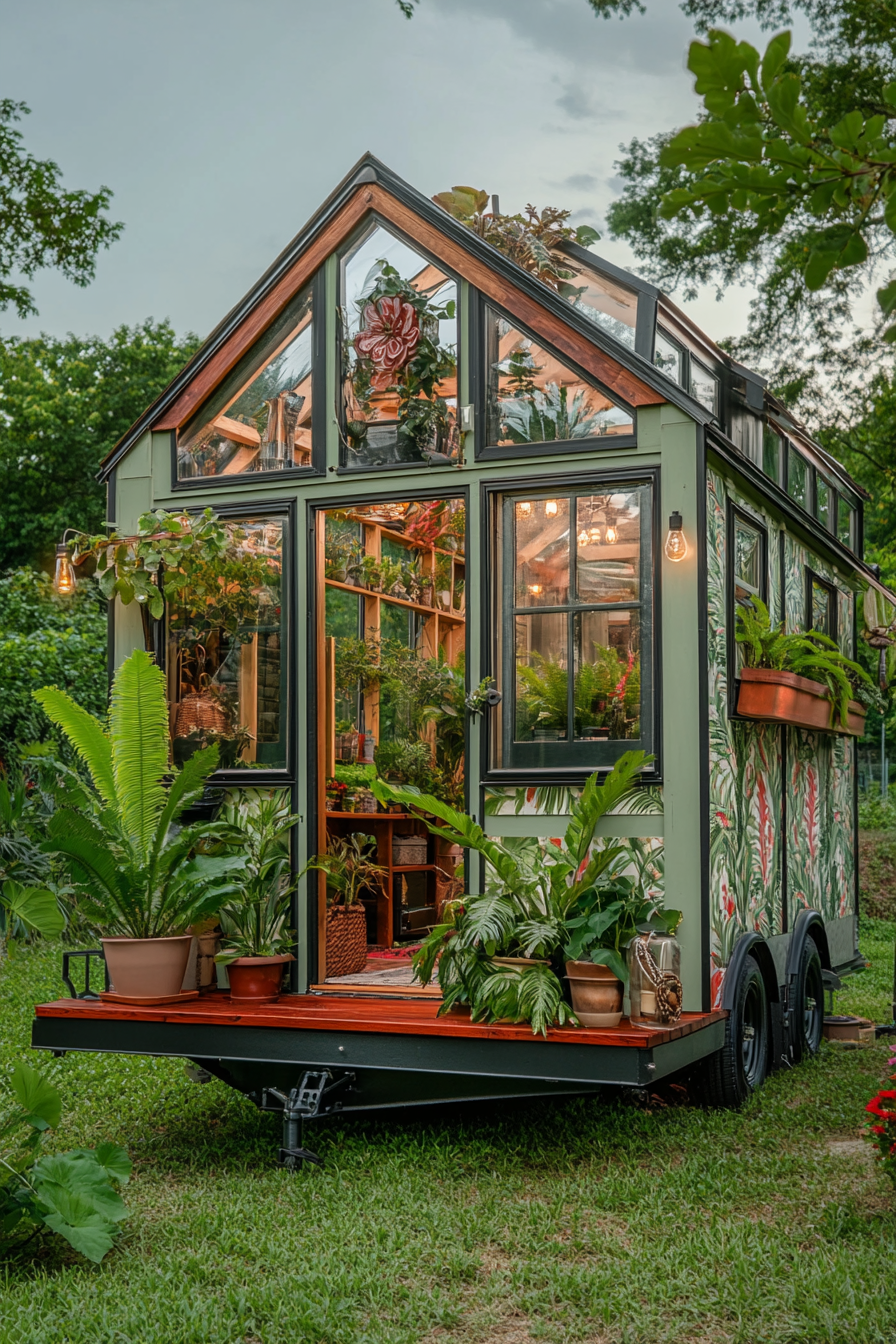 Wide angle view. Tiny house displaying vibrant ferns through greenhouse windows and botanical wallpaper.