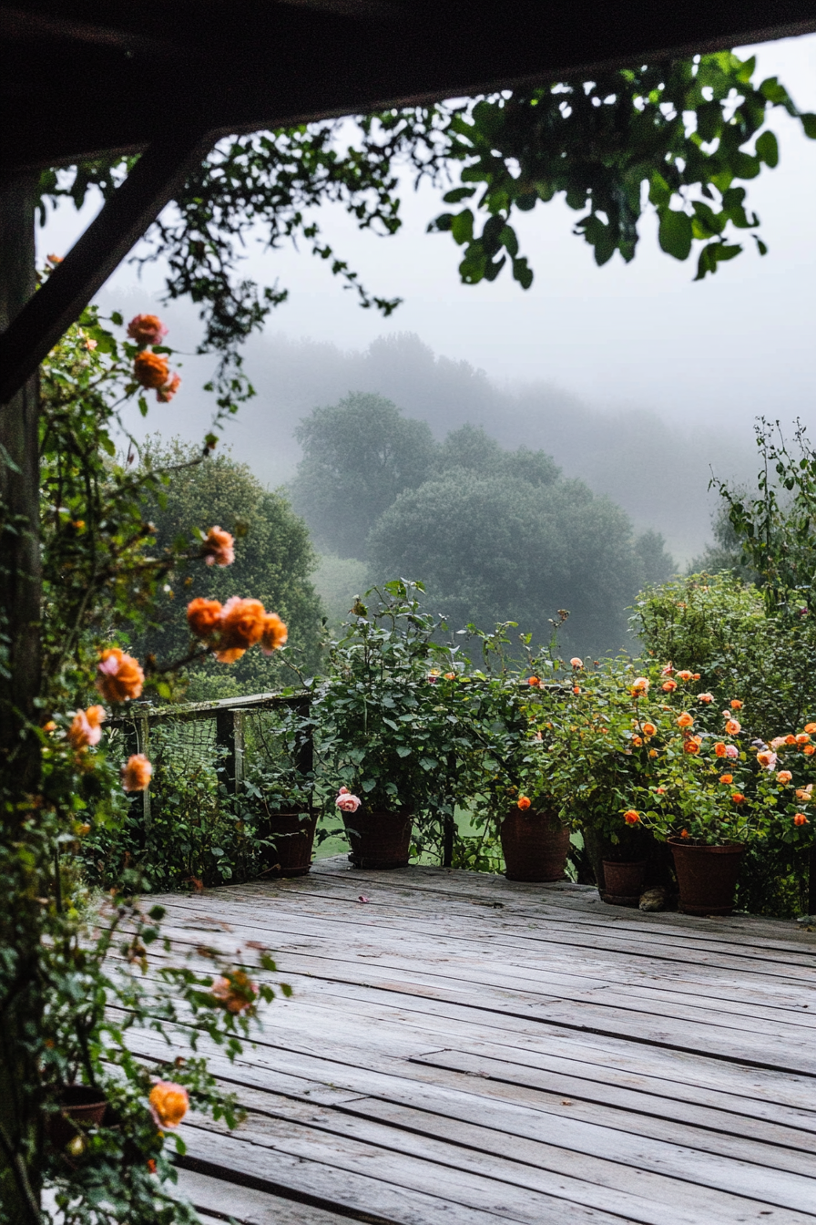 English countryside view. Flower-filled tiny deck with climbing roses in morning fog.