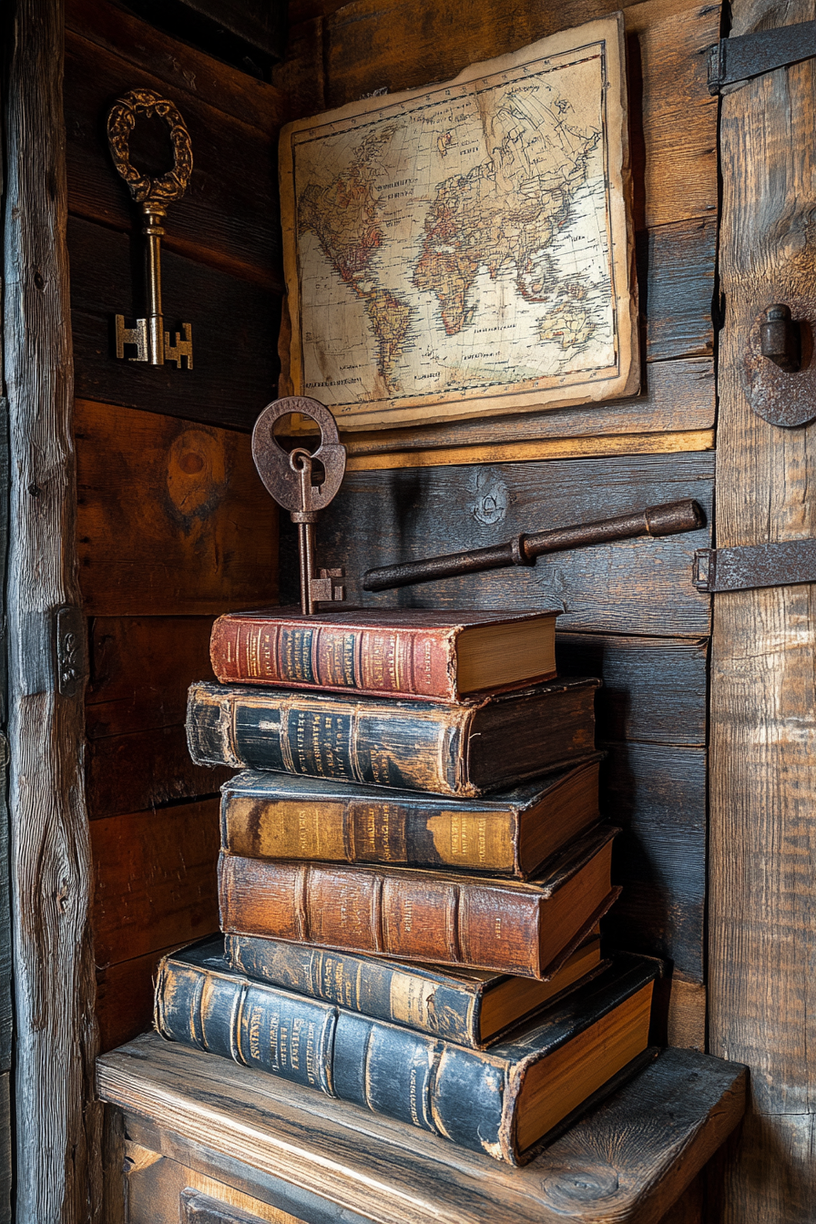 Wide angle view. Dark academia tiny house library. vintage books, rusted key, weathered map.