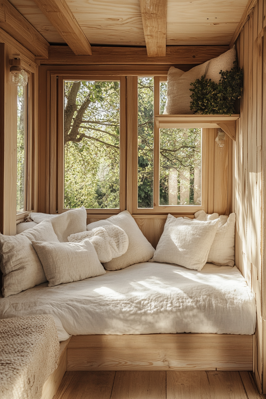 Natural mobile home view. Light wooden interior, organic, neutral textiles, surrounded by woods.