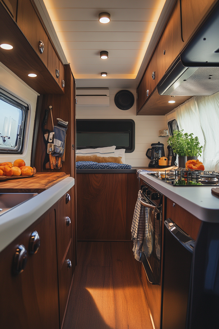 Wide-angle view. Classic camper kitchen with dark teak cabinets and round retro knobs.