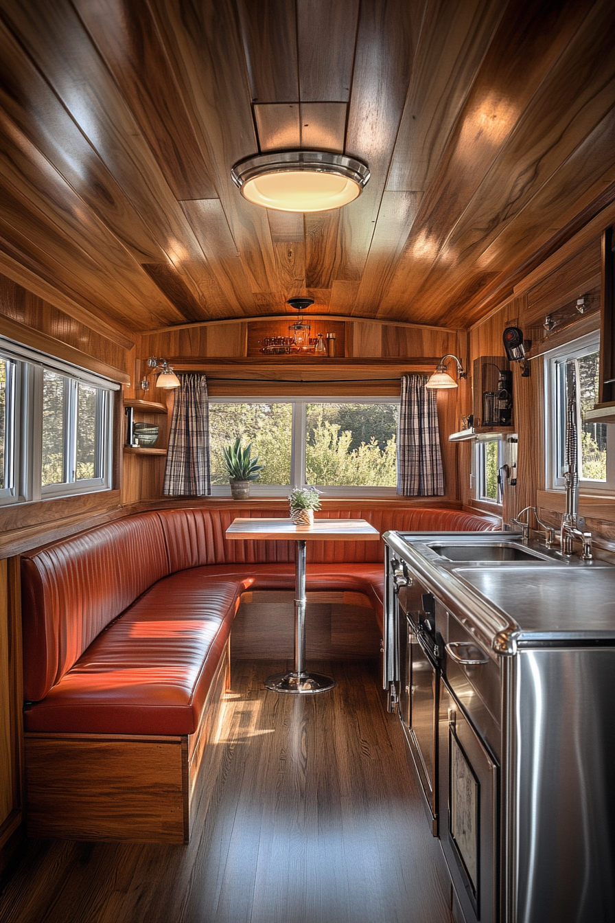 Wide angle view. Americana tiny house kitchen. Chrome details, booth seating.