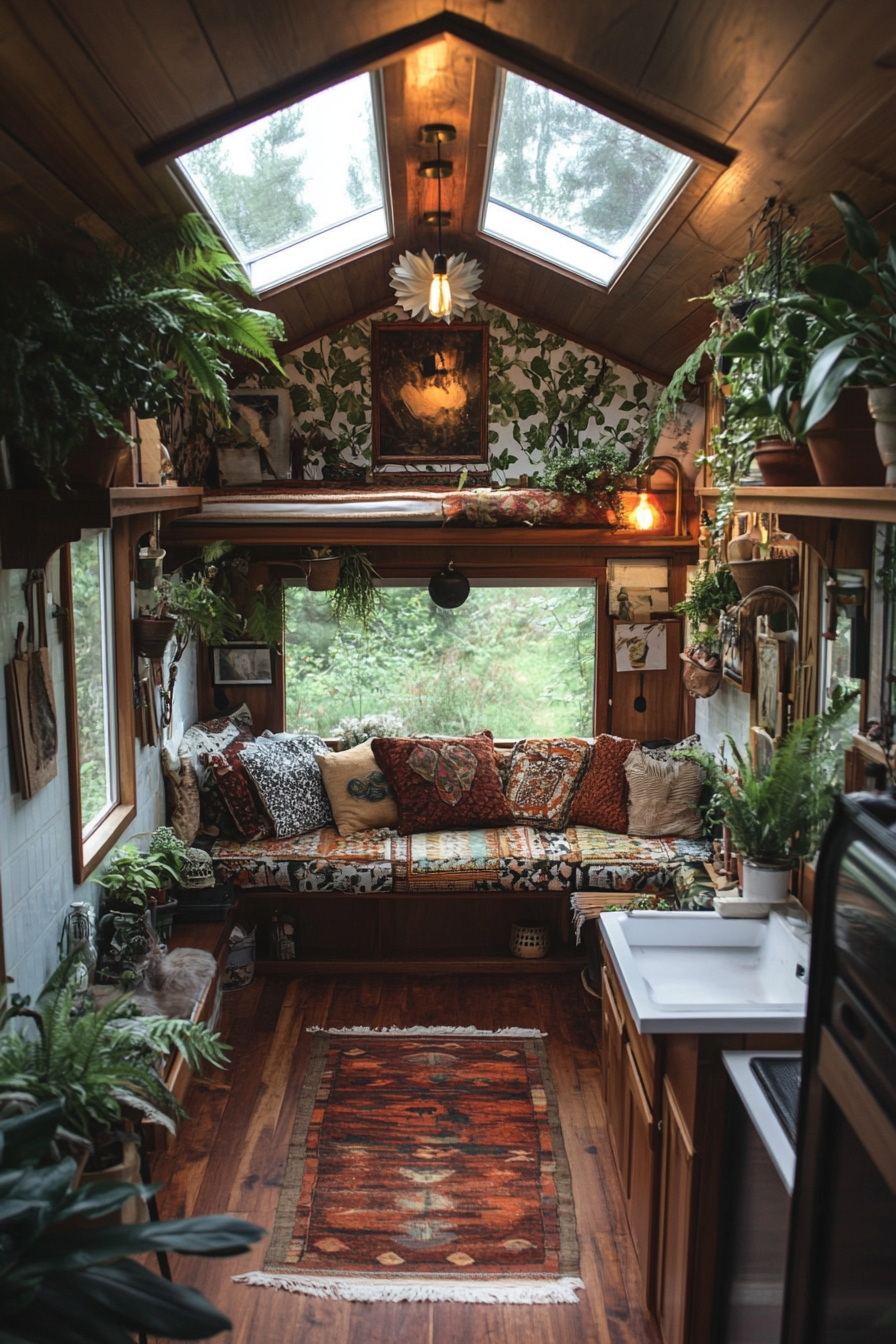 Wide-angle view. Tiny house with greenhouse windows, botanical wallpaper, cluttered with potted ferns.