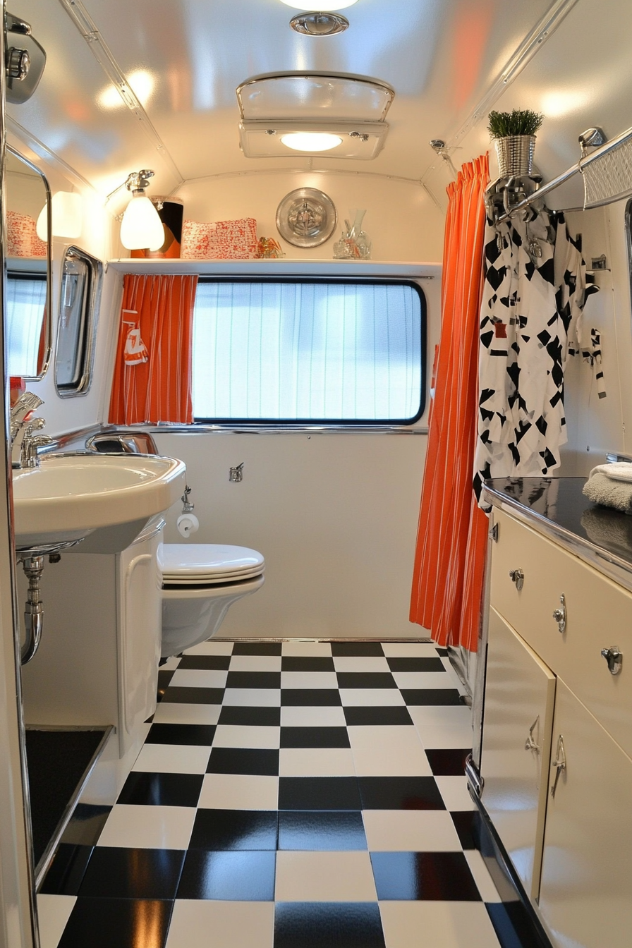 1950s inspired RV bathroom. Checkerboard floor tiles and chrome accents.