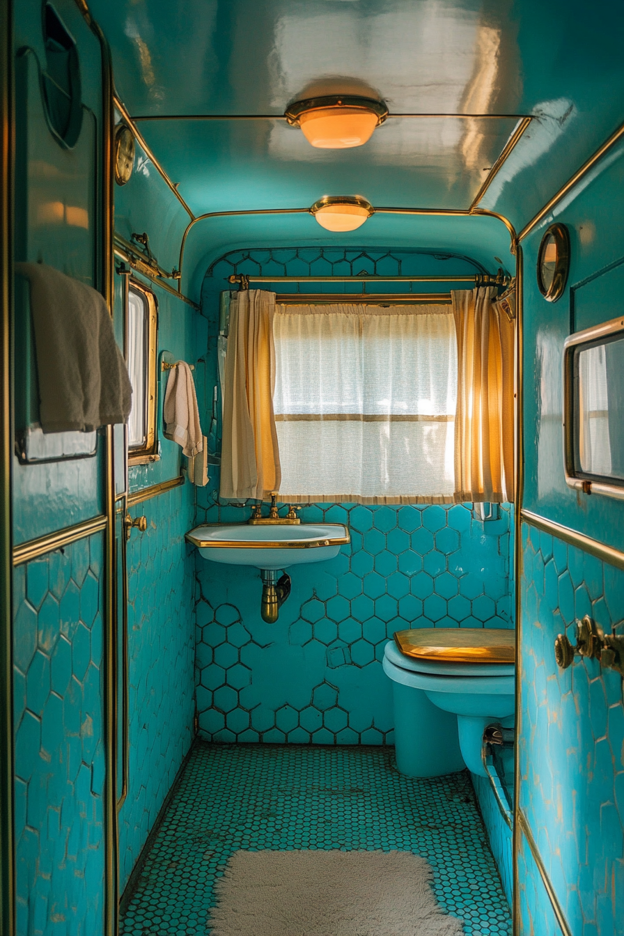 Wide angle view. 1950s RV bathroom with vintage turquoise, hexagonal tiles, and brass fixtures.