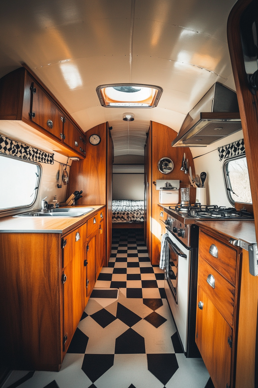 Wide angle view. Camper kitchen with teak cabinets, retro-inspired chrome knobs, checkered floor.