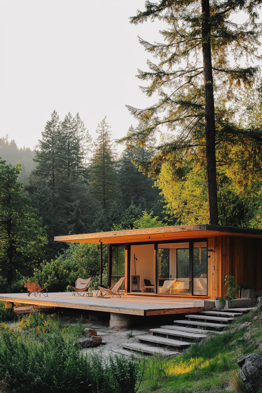 Wide angle view. Mobile home with light woods, organic textiles, greens and tall trees.