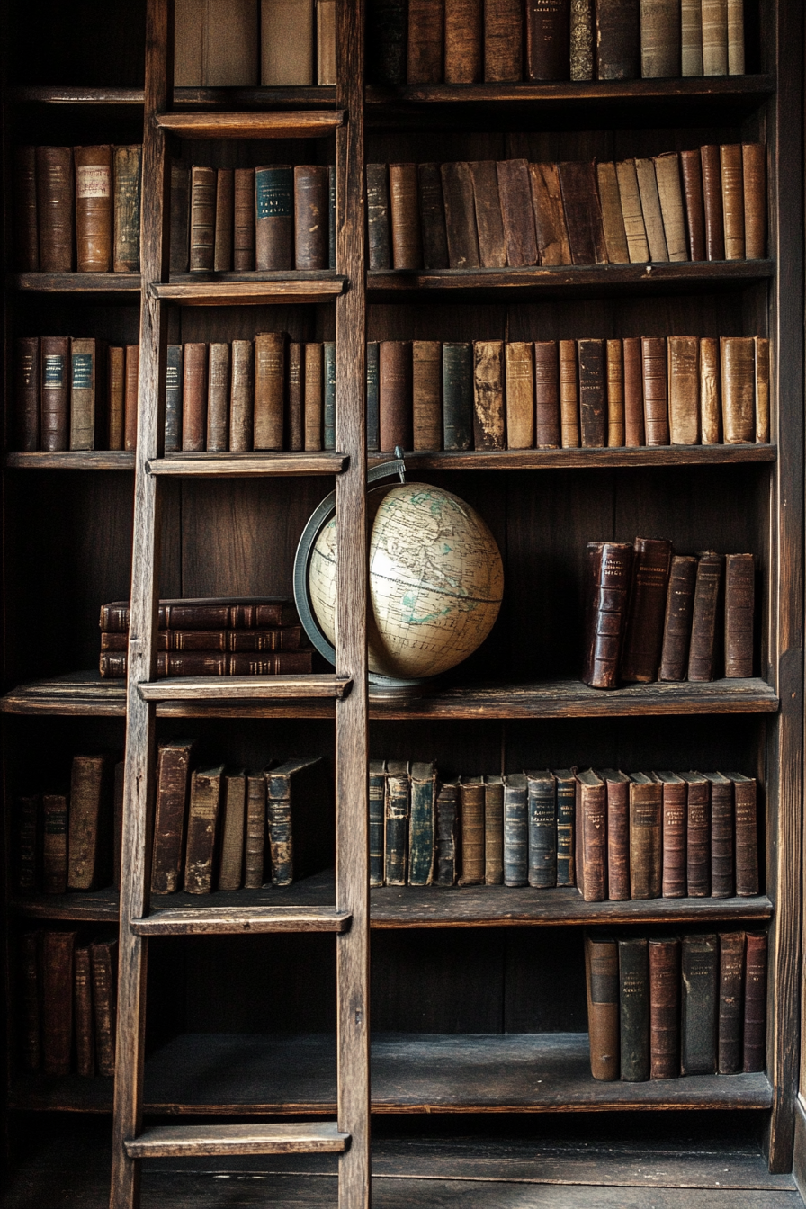 Dark academia tiny house library. Vintage ladder, antique globe and worn leather-bound books.