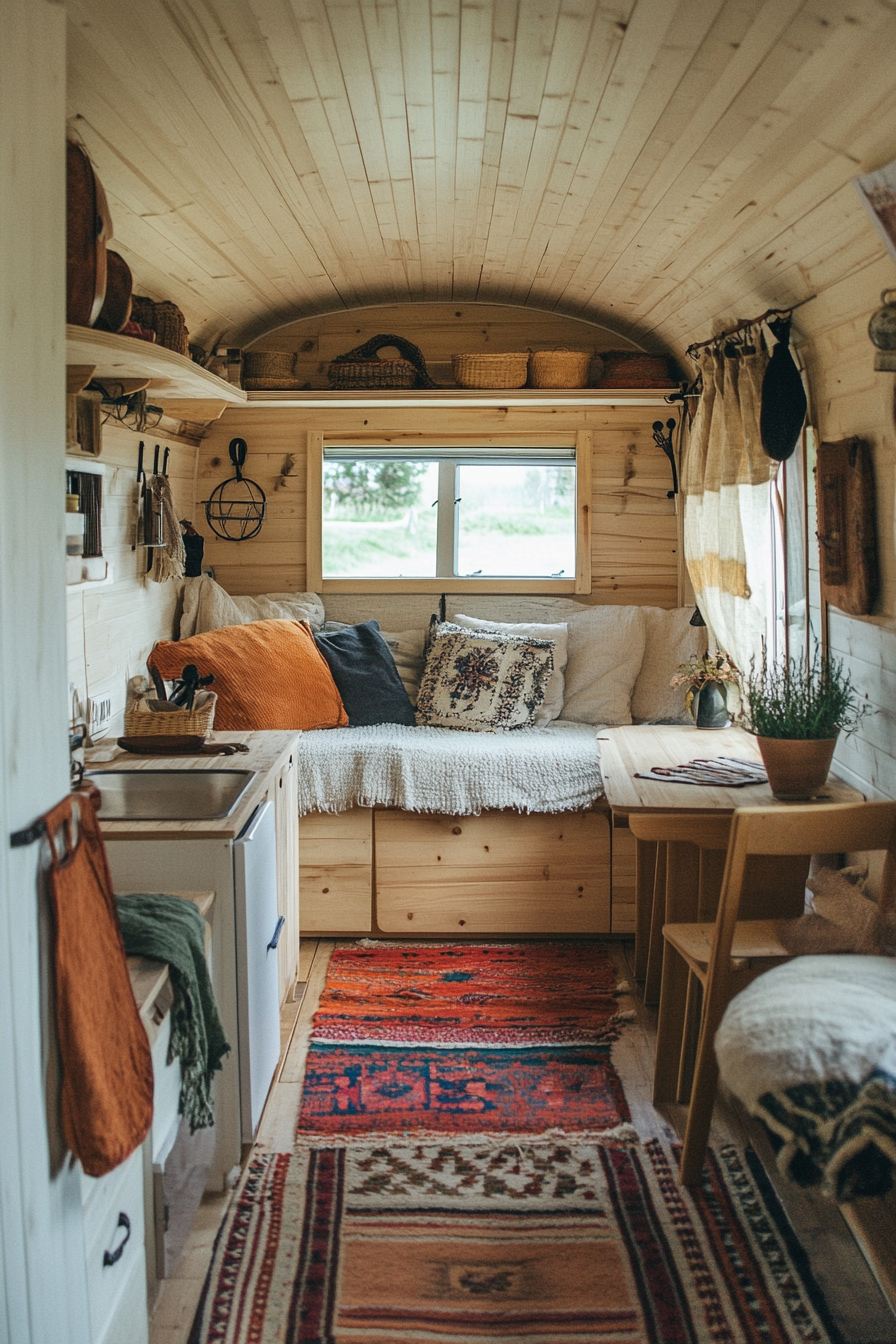 Wide angle view. Mobile home with light wood, organic textiles.