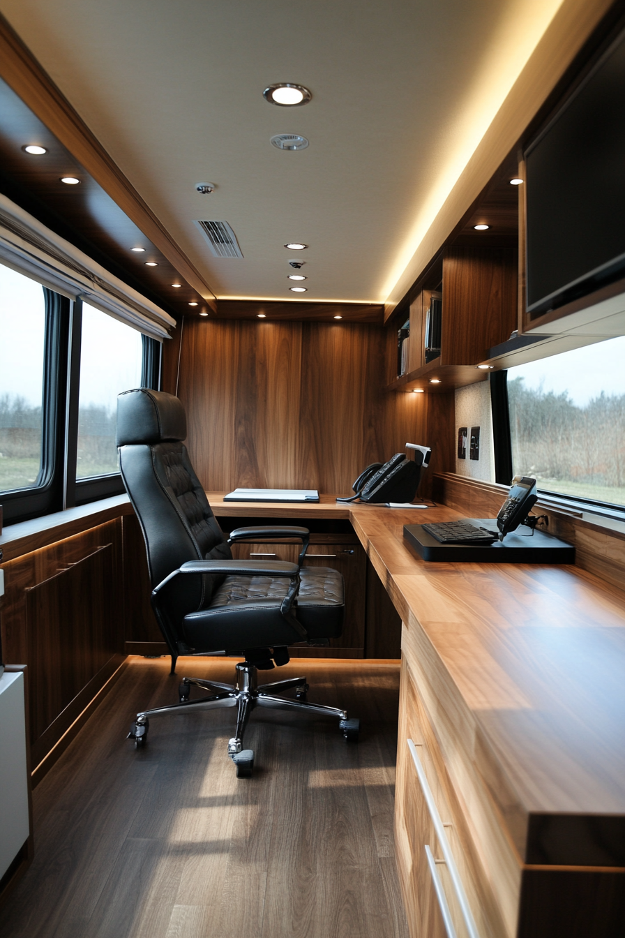 Wide angle view. Upscale mobile workspace with black leather chair and walnut desk.