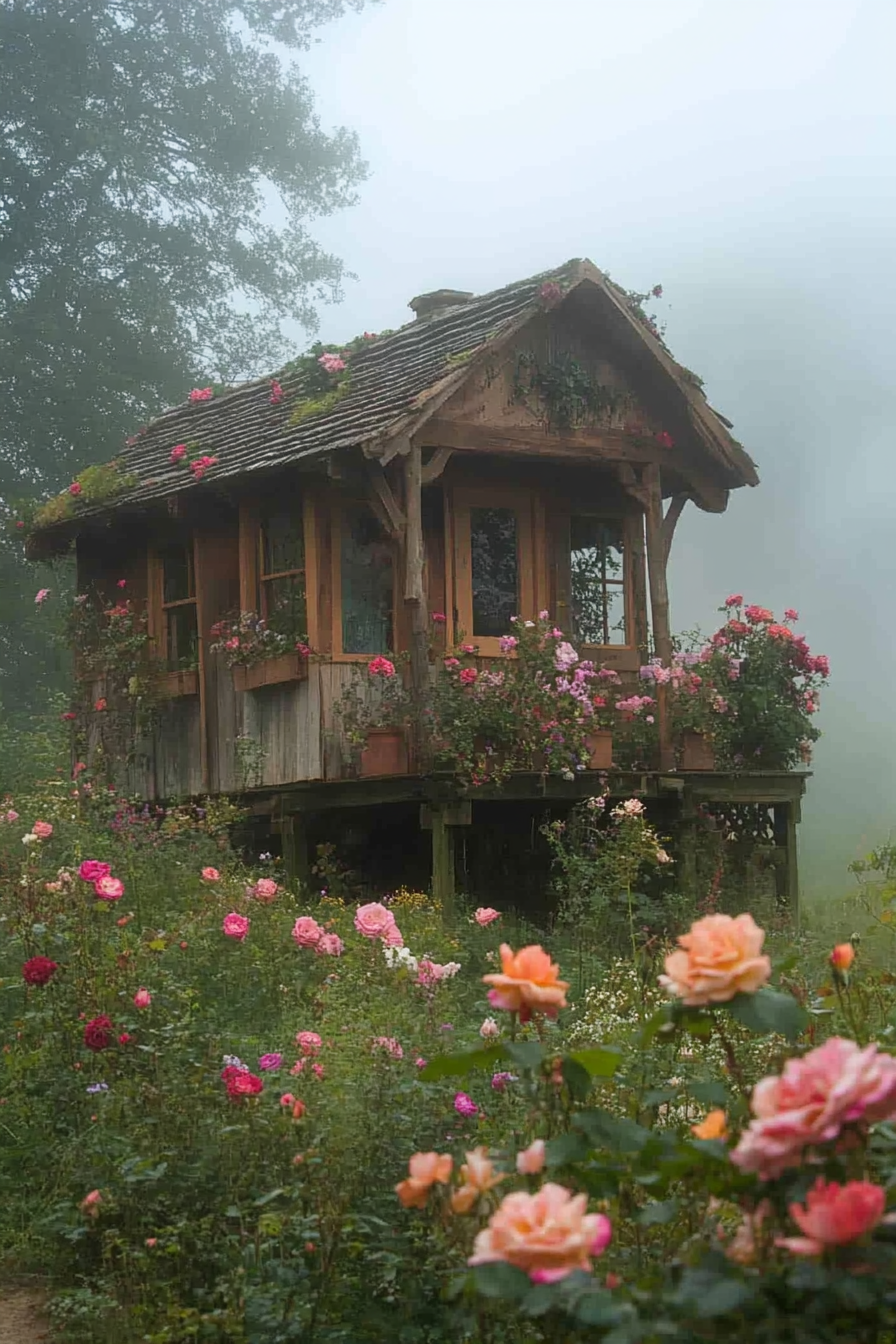 Tiny house deck. Covered in roses, set in foggy rollowing English countryside, filled with wildflowers.