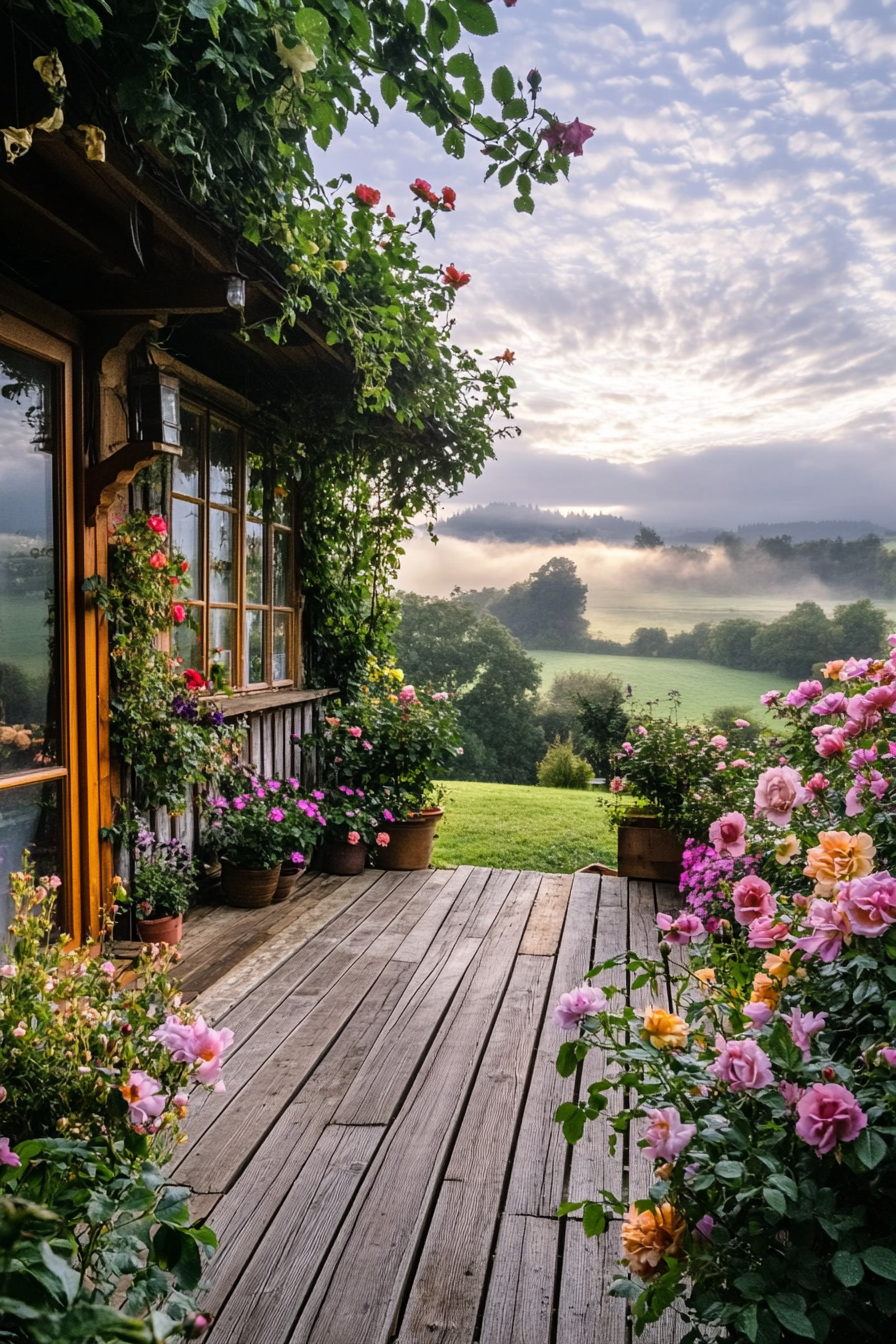 Wide angle view. Tiny house deck filled with flowers and climbing roses, morning fog over English countryside.