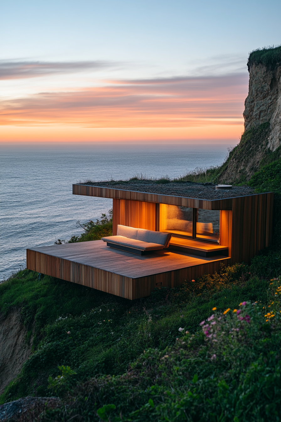 Wide angle view. Sleek tiny home, clifftop setting with built-in seating, overlooking panoramic ocean.