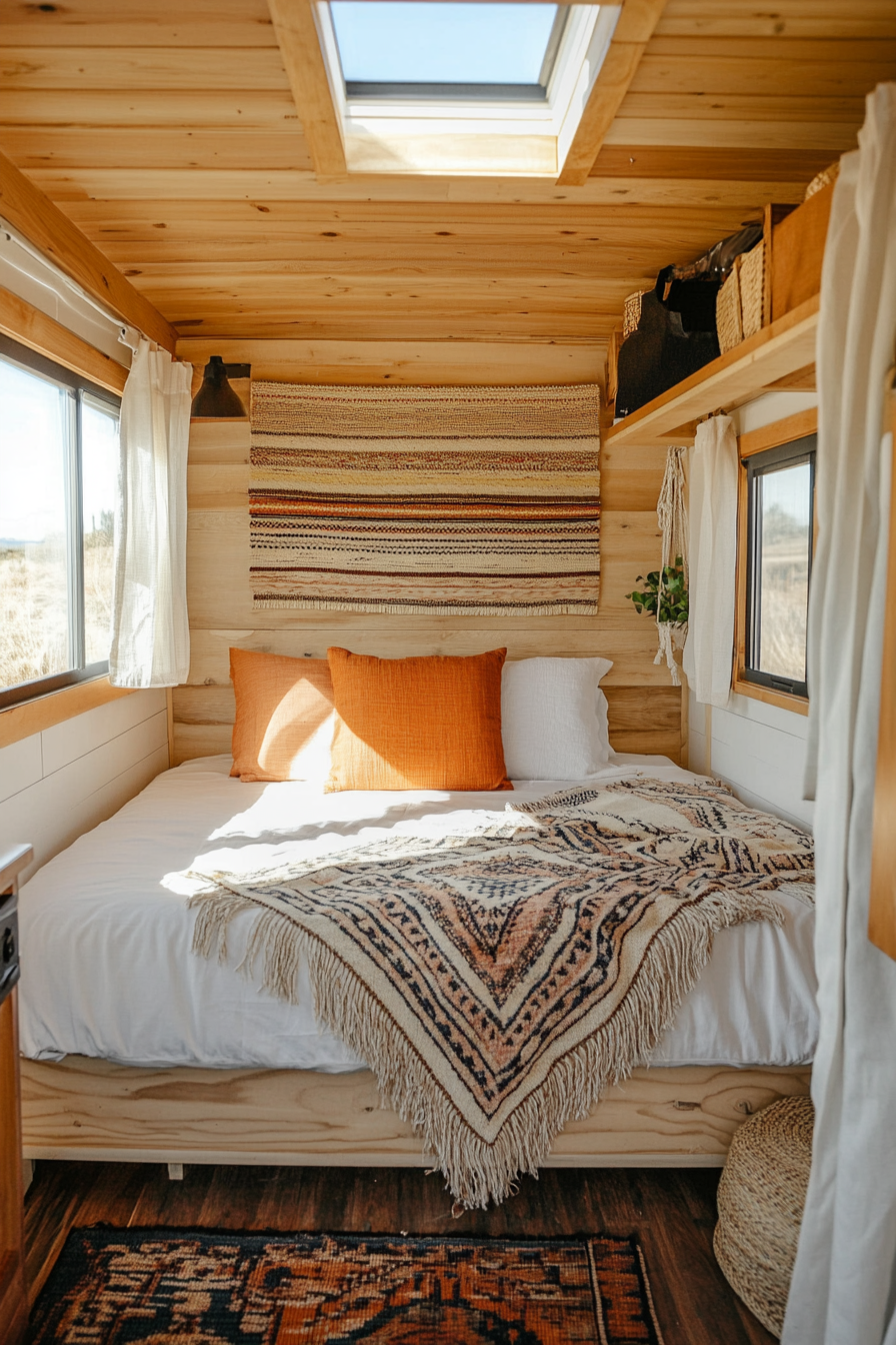 Wide angle view of bedroom. Southwestern tiny house, earth tones, woven wall art.