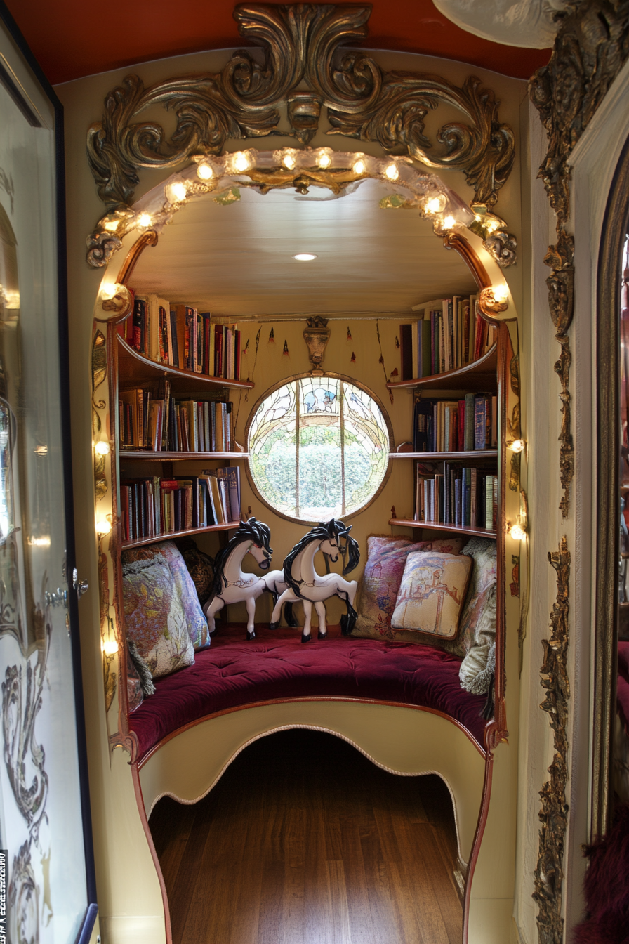 Wide-angle view. Storybook-inspired mobile library, hidden nooks, decorative carousel horses, velvet cushions.