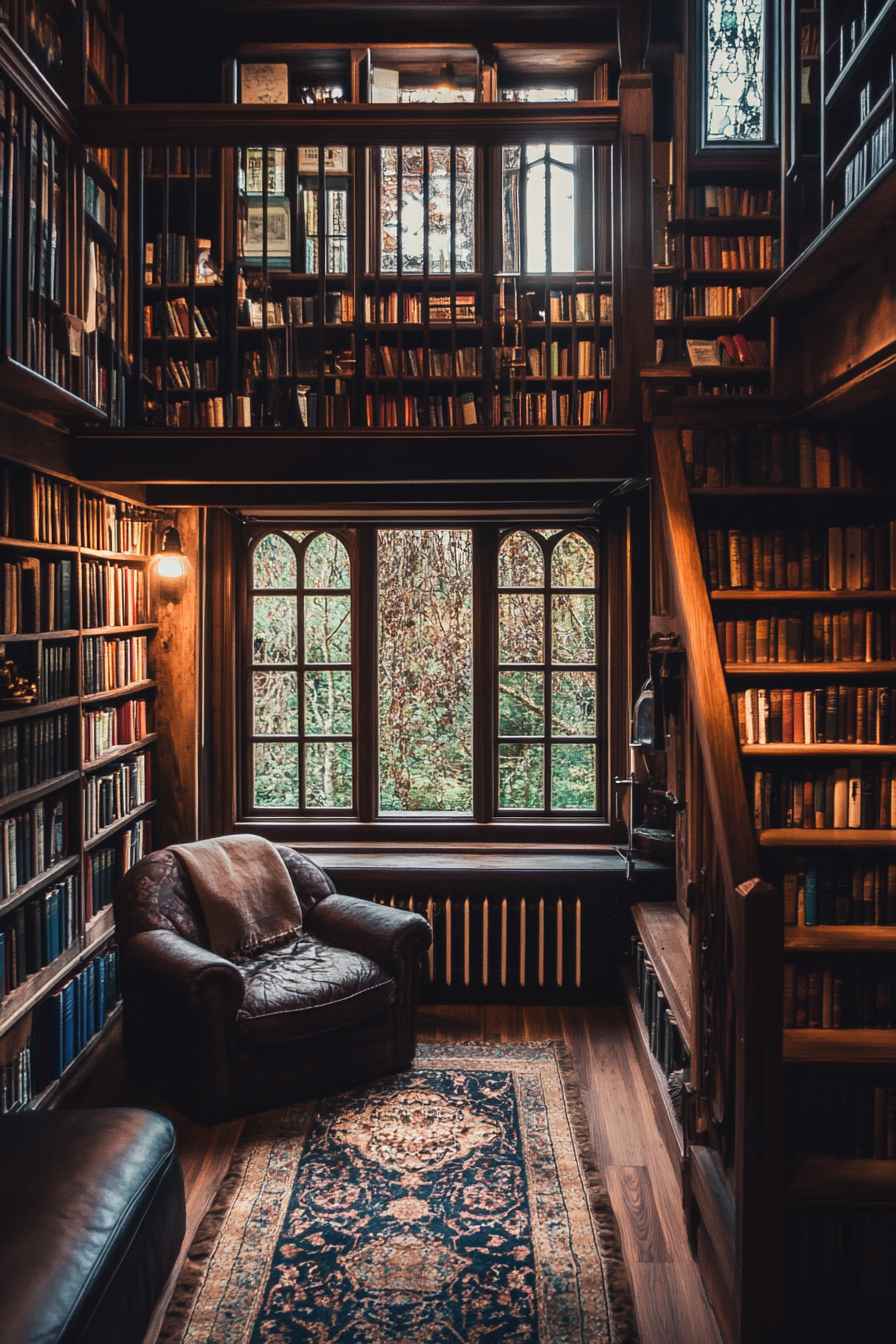 Wide angle view. Dark academia library tiny house, vintage books, antique details.