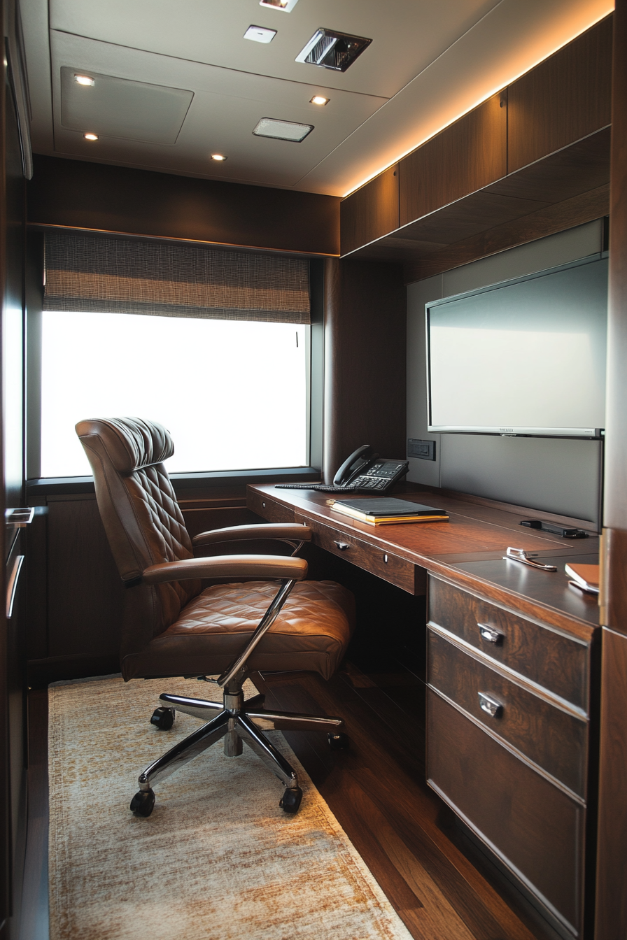 Upscale mobile workspace. Brown leather seating, walnut desk, wide angle view.