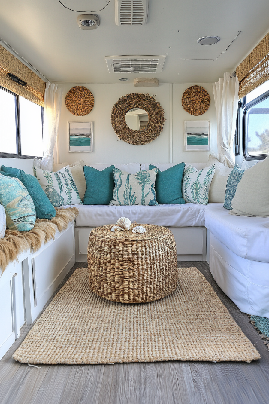 Wide angle view. RV. woven rattan ottoman, seashell display and turquoise throw pillows.