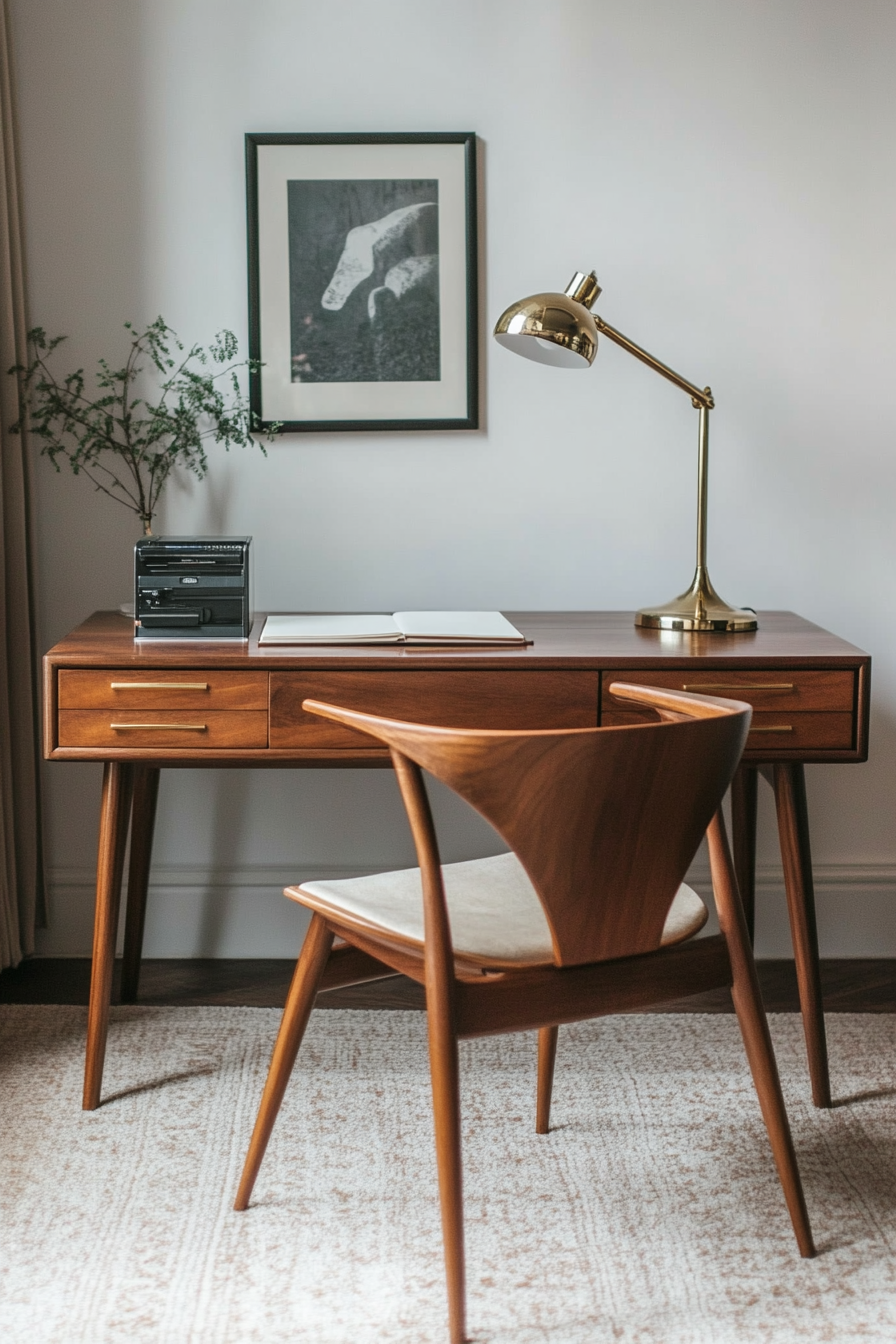 Wide angle view. Mahogany desk with brass reading lamp and teak mid-century chair in workspace.