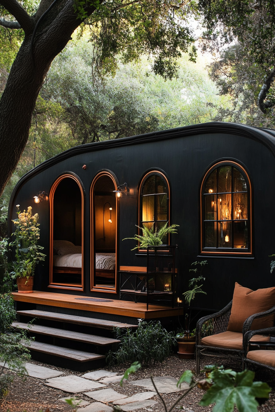 Wide angle view. Dark, sophisticated mobile home with arched details and terra cotta accents.