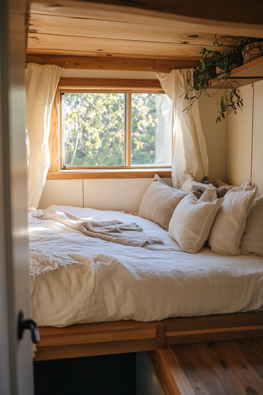 Natural tiny house bedroom. Organic linen bedding on a wooden platform bed.