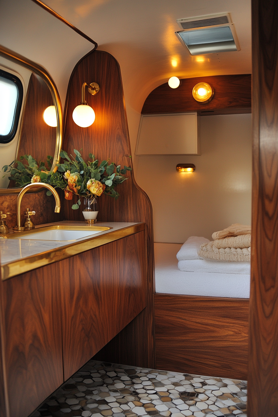 Mid-century camper bathroom, geometric patterns, brass-spun sink and faucet fixtures, rich mahogany wood.