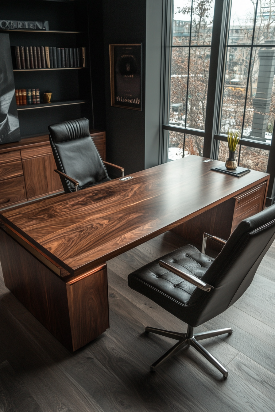 Wide angle view of mobile workspace. Walnut executive desk with leather office chair.