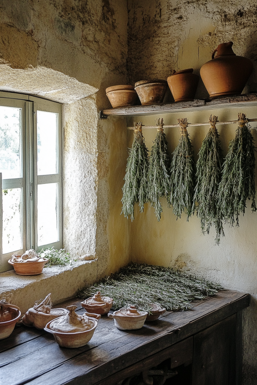 Wide angle of a provincial kitchen, drying rosemary bundles, terracotta pot display.