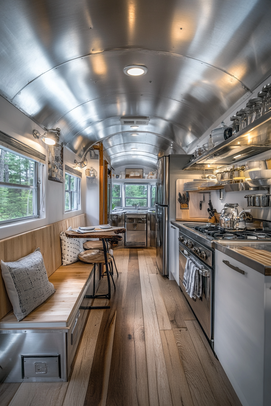 Wide angle view. Americana tiny house kitchen, chrome details, booth seating.